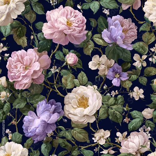 Seamless floral pattern with roses, peonies, and forget-me-nots in soft pink, lavender, and white, with lush green leaves on deep navy background in romantic watercolor style
