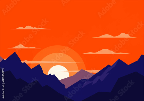 A stylized illustration of a sunset over a mountain range, with the sun partially obscured by clouds in an orange and blue color palette.