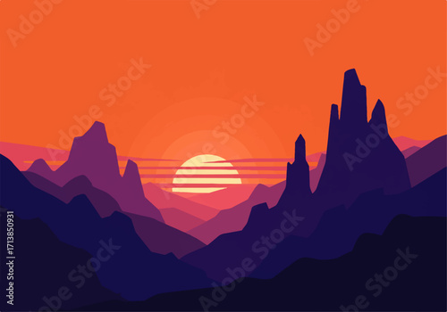 A stylized, vector illustration of a sunset over a mountainous landscape with layered purple and blue mountains and an orange sky.