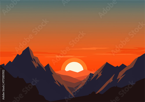 Illustration of a vibrant sunset over a mountainous landscape, featuring a bright sun and orange sky.