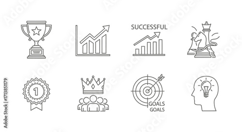 Eight success icons: trophy, graph, crown, target, idea, etc.