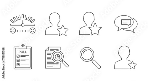 Icons depicting feedback, polls, search, and user profiles with stars.