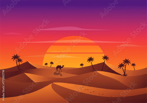 A cartoon camel caravan travels across a vast desert landscape at sunset, with palm trees silhouetted against the colorful sky.