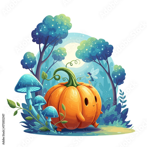 Cute pumpkin with a fairy in a magical forest illustration