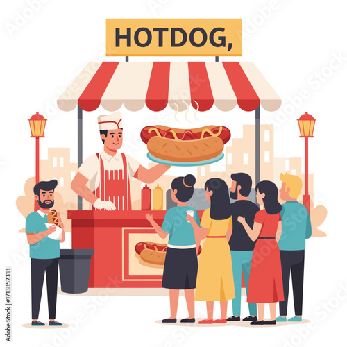 Hotdog stand with vendor and customers