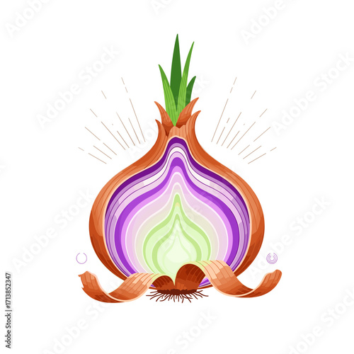 Halved onion with green shoots vector illustration