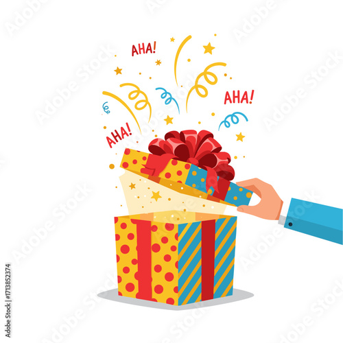 Hand opening a surprise gift box with confetti burst
