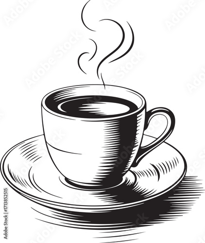 Steaming Coffee Cup with Saucer in Classic Engraving Style