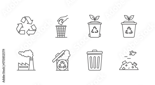 A collection of line art icons depicting environmental issues such as recycling, waste management, pollution, and sustainability.