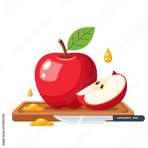 Red apple and slice on cutting board with honey