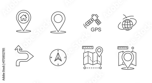 Set of linear icons related to navigation and maps.