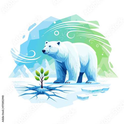 Polar bear and sapling on cracked ice