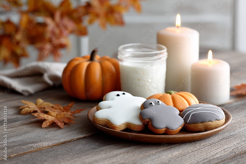 Fototapeta premium Halloween-themed cookies on wooden table with pumpkins and candles