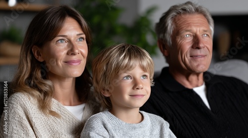 Caucasian family gathering with mature couple and young child smiling indoors