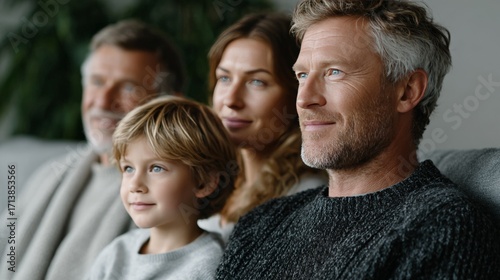 Happy family portrait of caucasian adults and child relaxing indoors