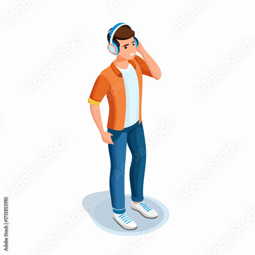 Vector image of Young man listening to music with headphones in casual attire
