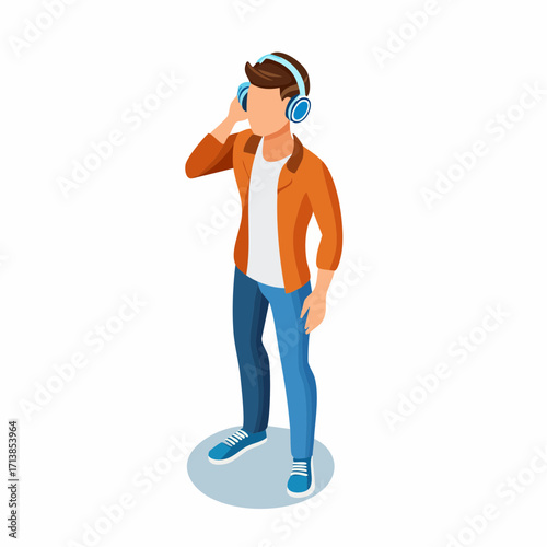 Vector image of Young man listening to music with headphones in casual attire