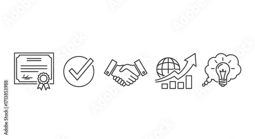 Set of business icons including certificate, check mark, handshake, global growth, and idea lightbulb.