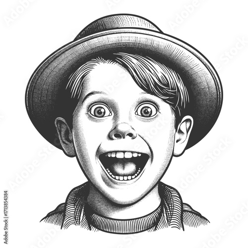 cheerful boy wearing a hat, with wide open mouth and joyful, surprised expression sketch engraving generative ai fictional character vector illustration. Scratch board imitation. Black and white image