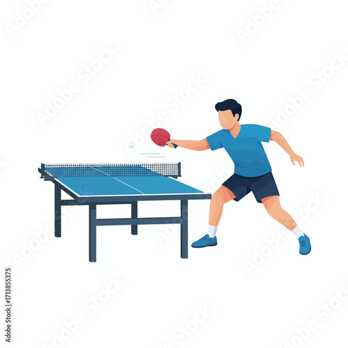 Man playing table tennis with a red paddle and a white ball.