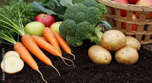 Freshly Harvested Vegetables and Fruits on Soil