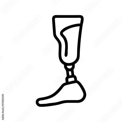 Minimalist black outline vector icon of a prosthetic leg, symbolizing healthcare, rehabilitation, disability support, and medical equipment, isolated on a transparent background