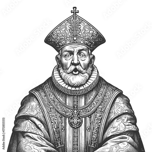 smiling bishop wearing an ornate mitre and decorated robes with a cheerful comic expression sketch engraving generative ai fictional character vector illustration. Scratch board. Black and white image