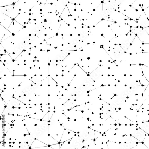 A network of black dots connected by lines scattered across a white background creating a complex pattern