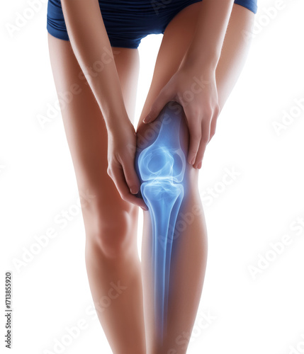 Human knee joint with blue x-ray isolated on transparent background