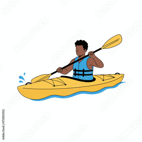 A Black man kayaking in a yellow kayak.