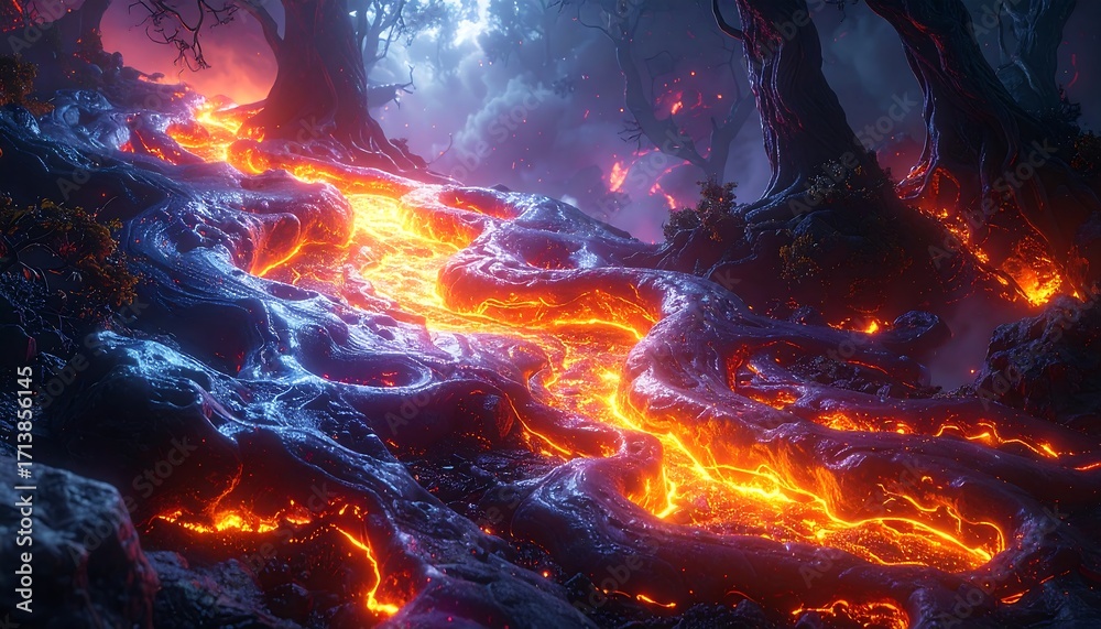 Fototapeta premium Molten lava flows through a mystical, dark forest, glowing with vibrant colors.