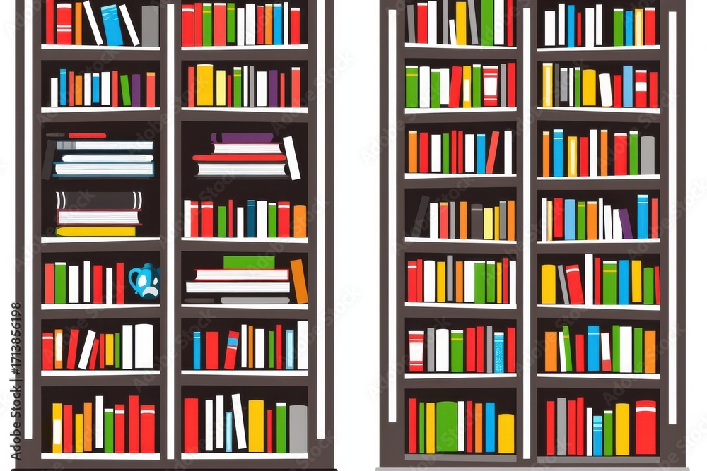 Fototapeta premium A vibrant display of colorful books on modern shelves, showcasing a mix of sizes and shades that invite exploration.