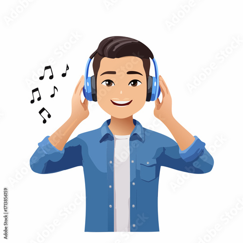 Vector image of Young man listening to music with headphones in casual attire