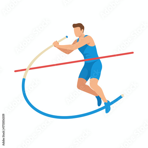 Male athlete performing pole vault in a sports competition illustration.