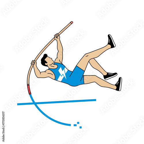 Pole vaulter in mid-air with pole and blue outfit sports competition.