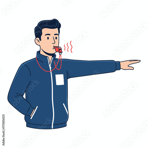 Cartoon illustration of a male coach blowing a red whistle and pointing.