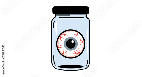 A cartoon illustration of a glass jar with a black lid containing a single eyeball with red veins.