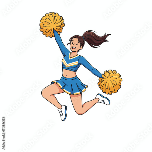 Cheerleader in mid-air with pom-poms.
