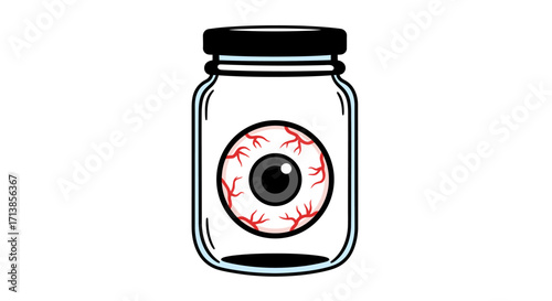 A cartoon illustration of a single bloodshot eyeball preserved as a specimen in a clear glass jar with a black lid.