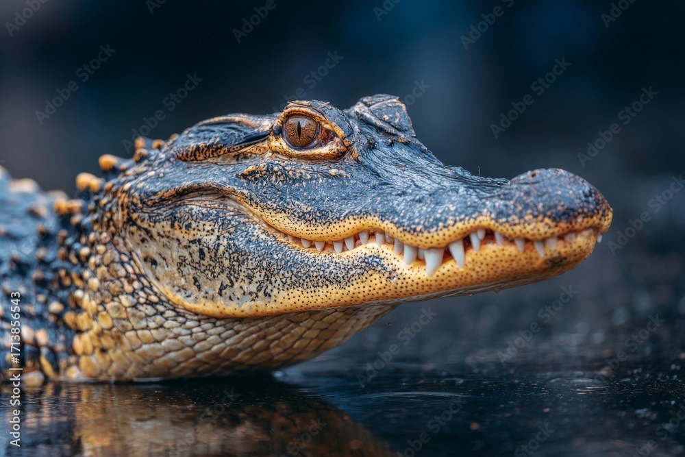 Fototapeta premium Close-up of a crocodile with detailed scales and sharp teeth in its natural habitat during daylight hours