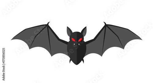 A stylized illustration of a black bat with glowing red eyes and outstretched wings, set against a white background.