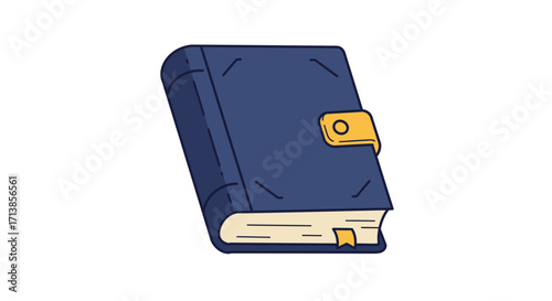 Illustration of a closed blue book with a golden clasp and a bookmark, isolated on white.