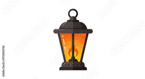 A classic black metal lantern with glass panes and a warm, glowing orange flame inside, isolated on a white background.