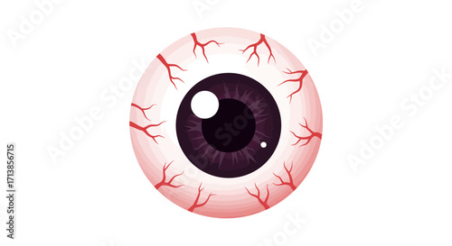 A close-up illustration of a human eyeball with prominent red blood vessels on the sclera and a dark purple iris.