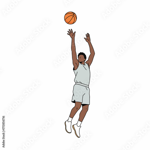 Basketball player jumping to shoot a basketball.
