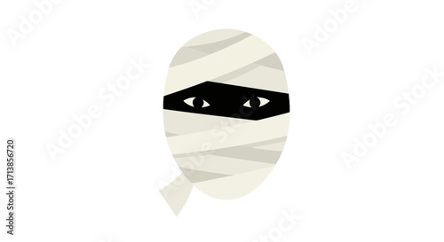 Minimalist illustration of a mummy's head with bandaged face and visible eyes, featuring a flat design style.