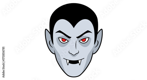 Cartoon vampire face with red eyes and fangs.