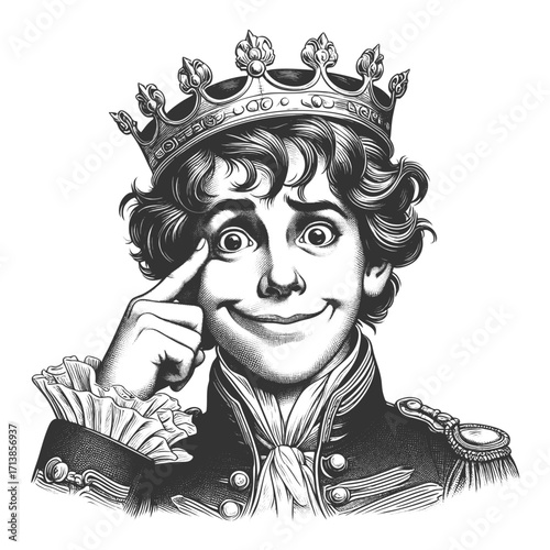 young king in royal attire with crown, pointing to his eye with a playful grin sketch engraving generative ai fictional character vector illustration. Scratch board imitation. Black and white image.