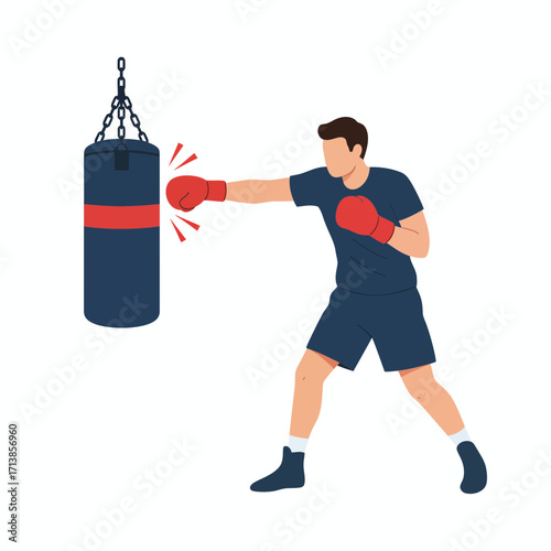 Boxer training with punching bag fitness and sport concept vector illustration.