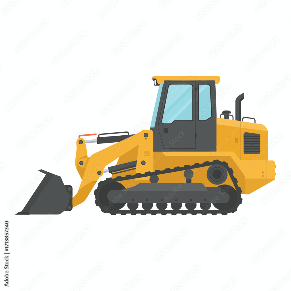 Fototapeta premium Yellow bulldozer with black tracks and bucket on white background.